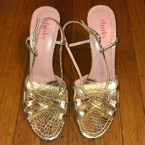 Charles David Gold Snake Skin Print Heels, Size 10